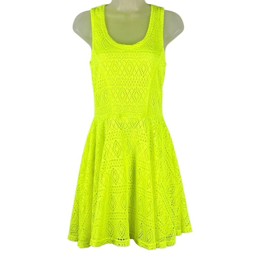 Express Vibrant Neon Yellow Sleeveless Lace Skater Dress Small